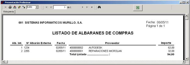 Listado de Albaranes de Compras (Totalizado)