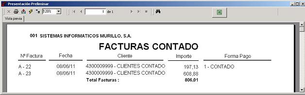 Listado de Cierre de Caja (Facturas Contado)