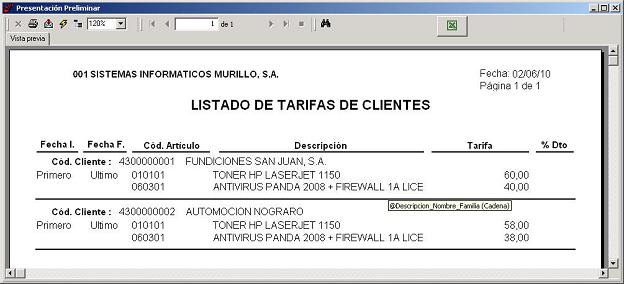 Listado de Tarifas de Clientes