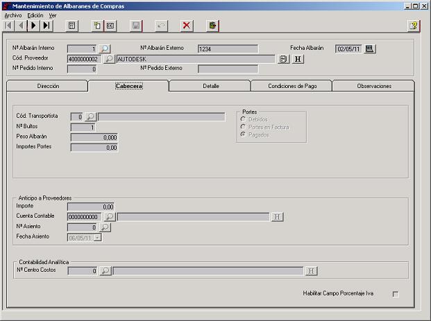 Albaranes de Compras - Cabecera