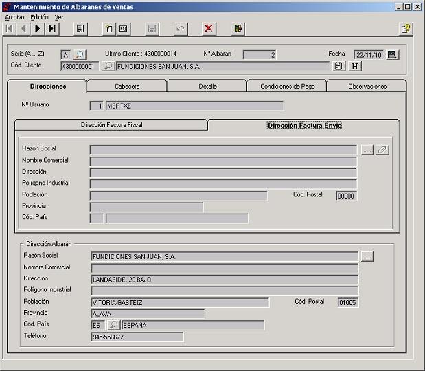 Albaranes - Direccin Factura Envio