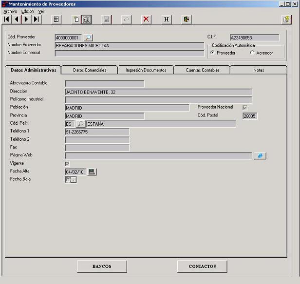 Proveedores - Datos Administrativos
